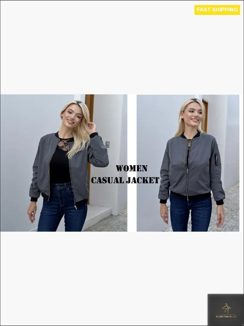 Casual Bomber Jacket Zip Up Lightweight Trendy Workwear Coat With Pockets